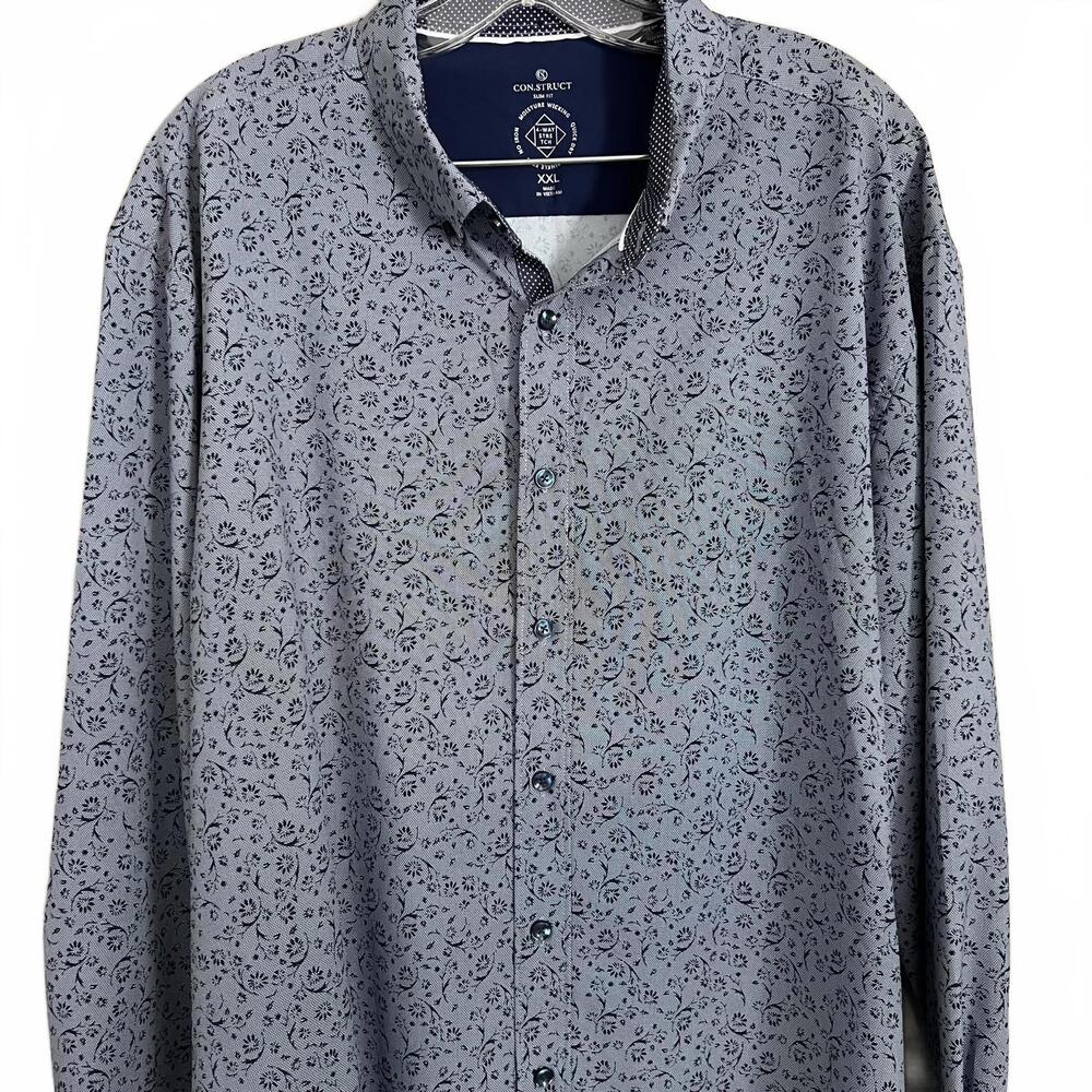 Con.Struct Slim Fit Blue Paisley Floral Dress Shirt sz XXL Stretch Long Sleeve